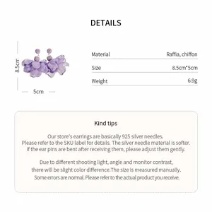Product details for raffia chiffon flower earrings showing size, weight and material