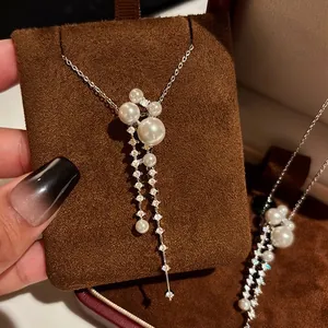 Long Tassel Artificial Pearl Pendant Necklace Luxury Rhinestone Inlaid Elegant Clavicle Chain For Women Fashion Jewelry