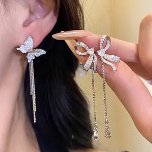 Asymmetric Butterfly Tassel Drop Earrings With Zirconia Silver Earring Post Elegant Copper Long Dangle Earrings For Women