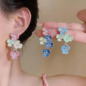 Elegant colorful dopamine-style flower drop earrings with sparkling crystal centers