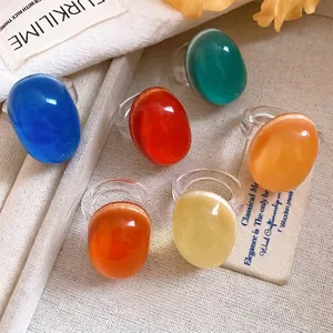 Vintage colorful oval resin rings set for women with minimalist transparent ring bands