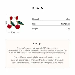 Detail view showing cherry earring dimensions and 925 silver needle specifications