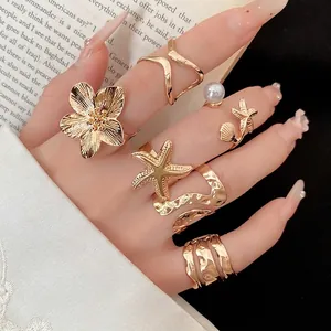 Bagues Ouvertes Réglables en Alliage de Ton Or Vintage avec Perle Artificielle Fleur Étoile de Mer Coquille Motif de Vagues pour Bijoux de Mode Femme