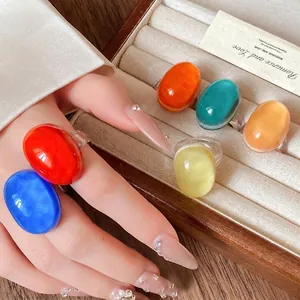 Vintage minimalist oval resin rings for women in various vibrant candy colors set