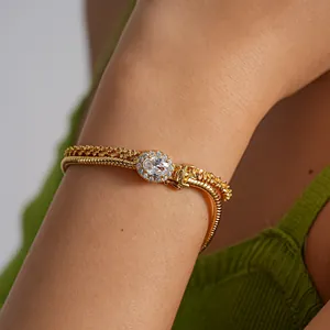 18K Gold Plated Double Layer Copper Chain Bracelet For Women European American Style Oval Zirconia Inlaid Minimalist Jewelry