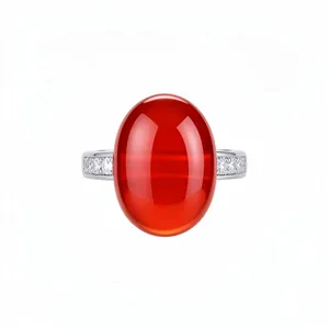 Retro elegant red resin oval ring with silver-tone band and sparkling side stones decoration.