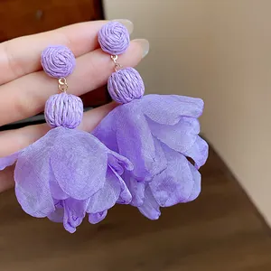 Elegant purple raffia and tiered chiffon flower drop earrings for beach vacation style