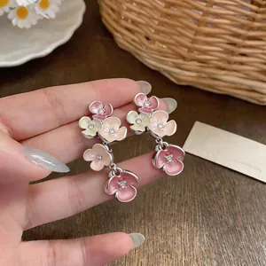 Elegant multi-color enamel flower drop earrings with rhinestones for a vacation look