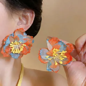 Summer Chiffon Flower Stud Earrings 925 Sterling Silver Post Sweet Bohemian Floral Earrings For Women Vacation Jewelry