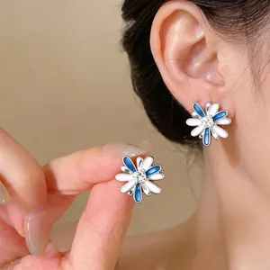 Fashion Copper Zirconia Flower Stud Earrings with 925 Sterling Silver Earring Post Blue White Enamel Fashion Jewelry for Women