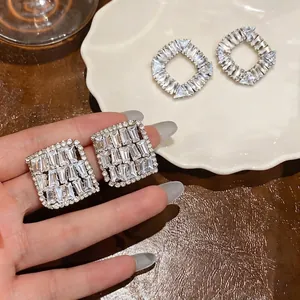 French Style Sparkling Zirconia Stud Earrings Copper Geometric Rhombus Light Luxury Jewelry With 925 Sterling Silver Earring Post For Women