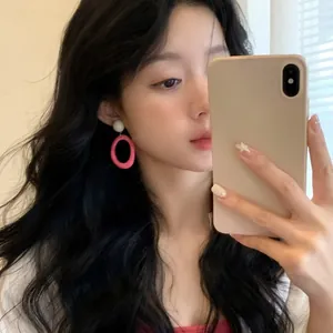 Stylish pink dopamine hoop earrings for women, Hong Kong style vacation jewelry