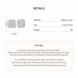 Detail view of diamond-shaped zircon stud earrings with size and material specifications.