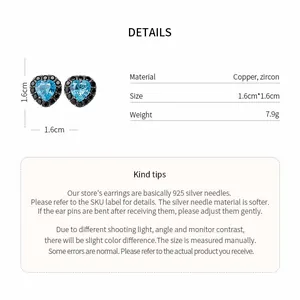 Detailansicht der herzförmigen blauen Zirkonia-Ohrstecker mit Größen- und Materialinfos