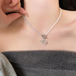 Luxury Copper Zirconia Artificial Pearl Beaded Necklace Round Planet Pendant Asymmetric Clavicle Chain OT Buckle Jewelry For Women