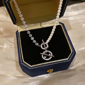 Elegant necklace featuring half pearls and crystal beads with zircon star circle pendants