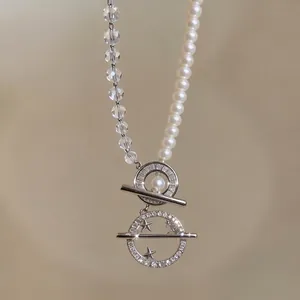 Elegant asymmetric zircon pearl beaded necklace with round star pendant