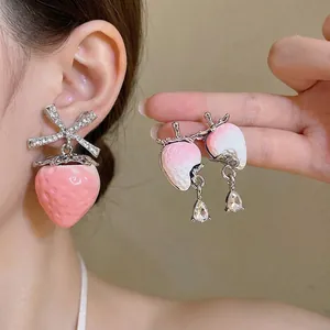 Sweet Resin Strawberry Zirconia Water Drop Pendant Earrings With 925 Sterling Silver Post Bow Knot Jewelry For Women