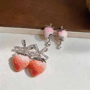 Sweet resin strawberry stud earrings featuring cubic zirconia water drop pendants for women