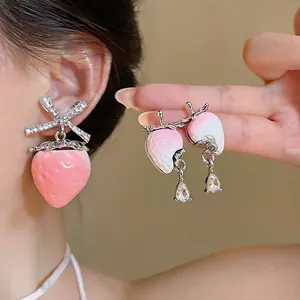 Elegant sweet resin strawberry earrings with sparkling zircon bow and water drop crystal pendants