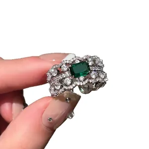 Vintage emerald green rectangular zircon hollow ring with adjustable open silver band