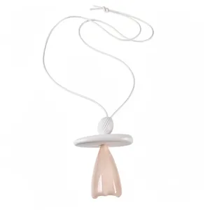 Unique minimalist resin pendant necklace with white leather cord and pinkish bell shape