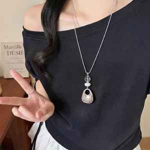 Korean Style Minimalist Geometric Mirror Surface Pendant Necklace For Women Silver Alloy Sweater Chain Long Chain Accessory
