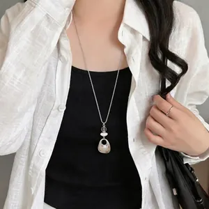 Elegant minimalist silver geometric pendant long sweater chain necklace for women