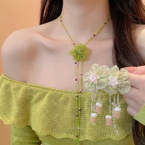 Handmade Glass Beaded Flower Tassel Necklace Earrings Jewelry Set For Women Bohemian Resort Style Green Floral Jewelry With Silver Post