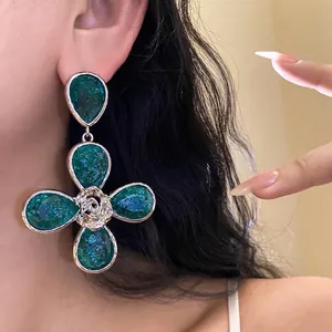 Elegant oversized green resin flower drop earrings with silver rose center for women