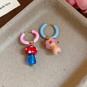 Handmade glazed glass asymmetric mushroom hoop earrings with colorful dots design