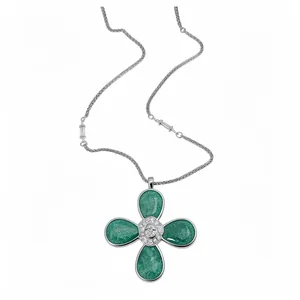 Elegant four-petal flower pendant necklace with green resin petals and crystal center