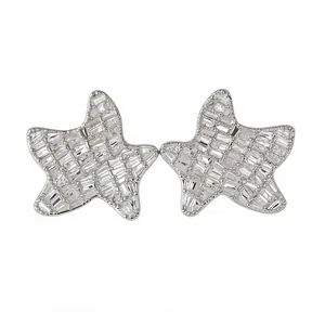 Silver star stud earrings set with sparkling baguette-cut cubic zirconia stones