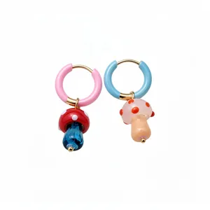Asymmetric glass mushroom hoop earrings with colorful enamel and gold-toned finish