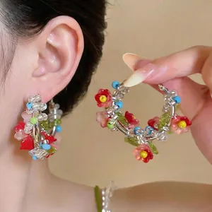 Ethnic Style Multi-Color Beaded Flower Hoop Earrings With 925 Sterling Silver Earring Post Red Flower Bohemian Jewelry For Women