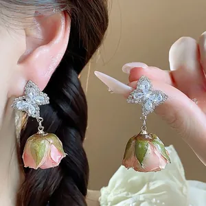Luxury Rhinestone Butterfly Preserved Rose Flower Stud Earrings For Women Sweet Zirconia Inlaid Silver Earring Post Jewelry
