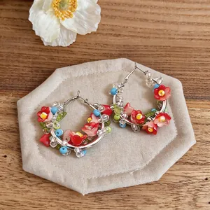 Exquisite ethnic colorful beaded flower hoop earrings with silver pins for women gift