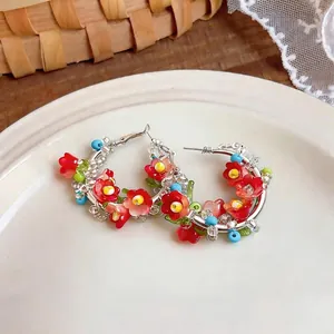 Handmade ethnic style colorful beaded flower hoop earrings with delicate floral design
