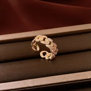 14K Gold Plated Zirconia Chain Hollow Open Ring Vintage Exquisite Adjustable Cuban Link Finger Ring For Women Fashion Jewelry