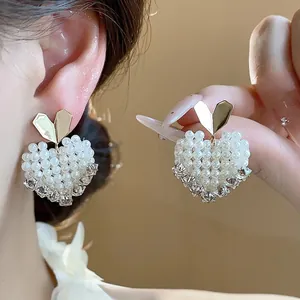 French Style 14K Gold Plated Heart Artificial Pearl Stud Earrings With 925 Sterling Silver Earring Post Zircon Women Jewelry