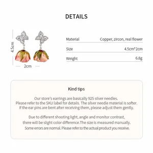 Detail view of zircon butterfly and real flower earrings with size and material specifications.