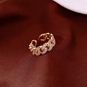 14k gold plated hollow chain link open ring with sparkling cubic zirconia crystals