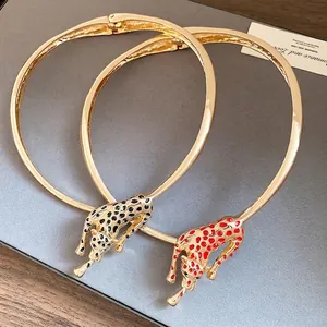 Elegant gold-tone metal leopard enamel choker necklace set