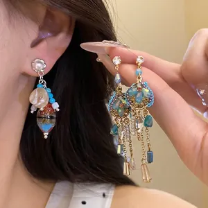 Vintage Artistic Alloy Shell Artificial Pearl Stone Drop Earrings For Women Geometric Tassel Earrings Silver Post Jewelry