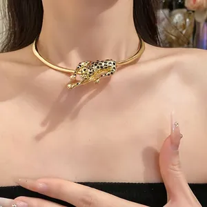 Elegant gold leopard choker necklace with black enamel spots for women