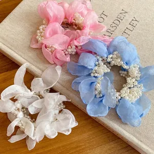 Sweet Chiffon Flower Scrunchies With Artificial Pearl Elegant Vacation Style Hair Ties For Women Girls Hair Accessories