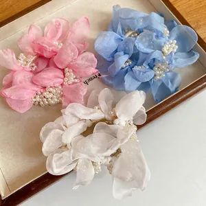 Elegant chiffon flower hair scrunchies with pearls in pink, blue and white colors