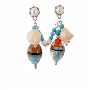 Vintage style silver earrings featuring pearls, shells, and vibrant colorful art glass beads