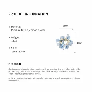 Detailed product parameters for the blue chiffon flower hair scrunchie with pearls.
