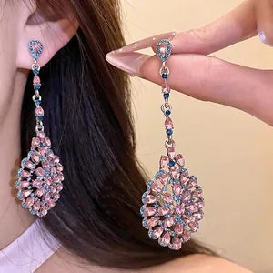 Orecchini Pendenti Ovali in Lega Vintage Con Perno in Argento Sterling 925 Pietra Rosa Blu Gioielli per Donna